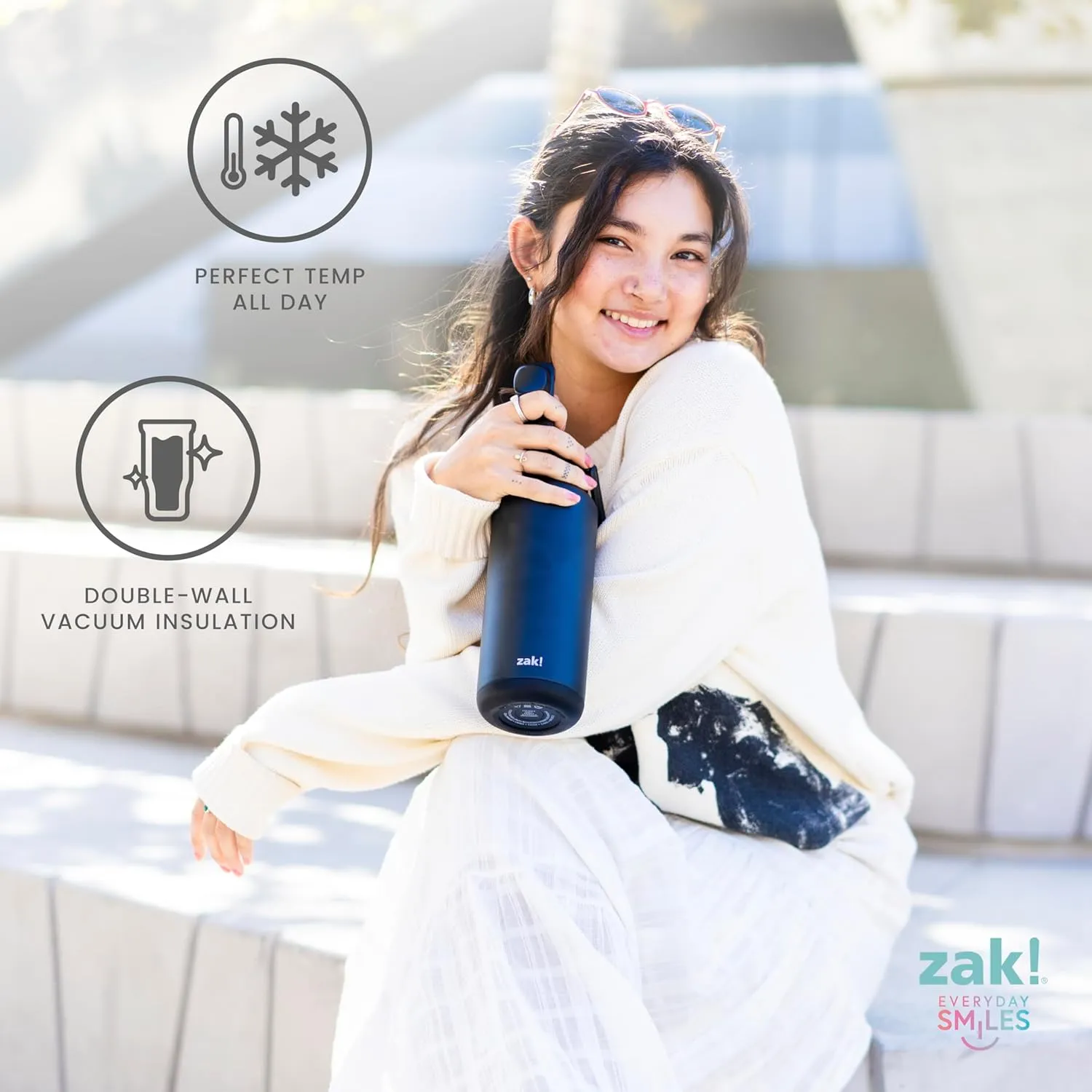 Zak Designs Beacon Straw Lid Water Bottle for Travel or At Home, 32oz Stainless Steel is Leak-Proof and Vacuum Insulated with Silicone Spout, Cover, Carry Handle, Protective Base (Provence Blue)