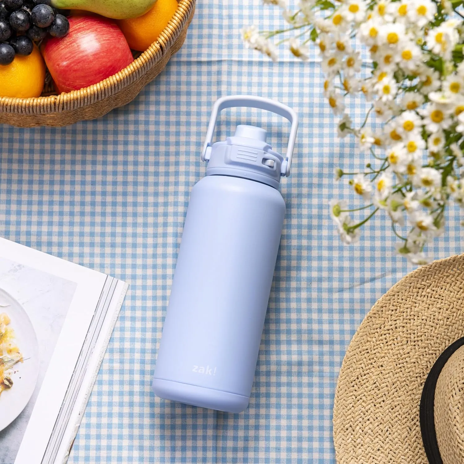 Zak Designs Beacon Straw Lid Water Bottle for Travel or At Home, 32oz Stainless Steel is Leak-Proof and Vacuum Insulated with Silicone Spout, Cover, Carry Handle, Protective Base (Provence Blue)
