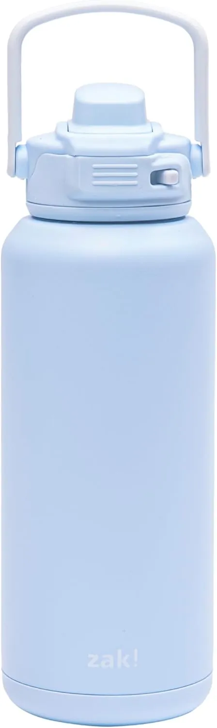 Zak Designs Beacon Straw Lid Water Bottle for Travel or At Home, 32oz Stainless Steel is Leak-Proof and Vacuum Insulated with Silicone Spout, Cover, Carry Handle, Protective Base (Provence Blue)