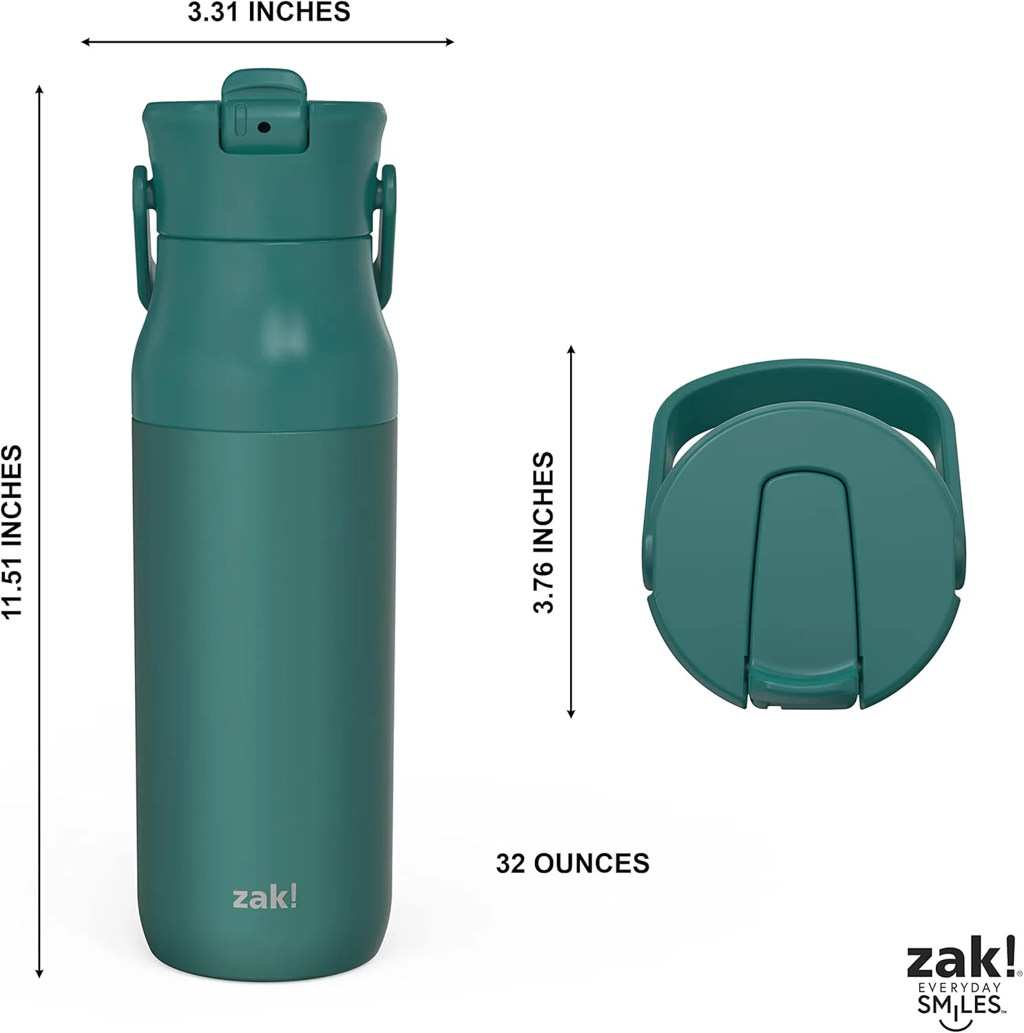 Zak Designs Harmony Water Bottle for Travel or At Home, 32oz Recycled Stainless Steel is Leak-Proof When Closed and Vacuum Insulated with Straw Lid and Carry Handle (Emerald Green)