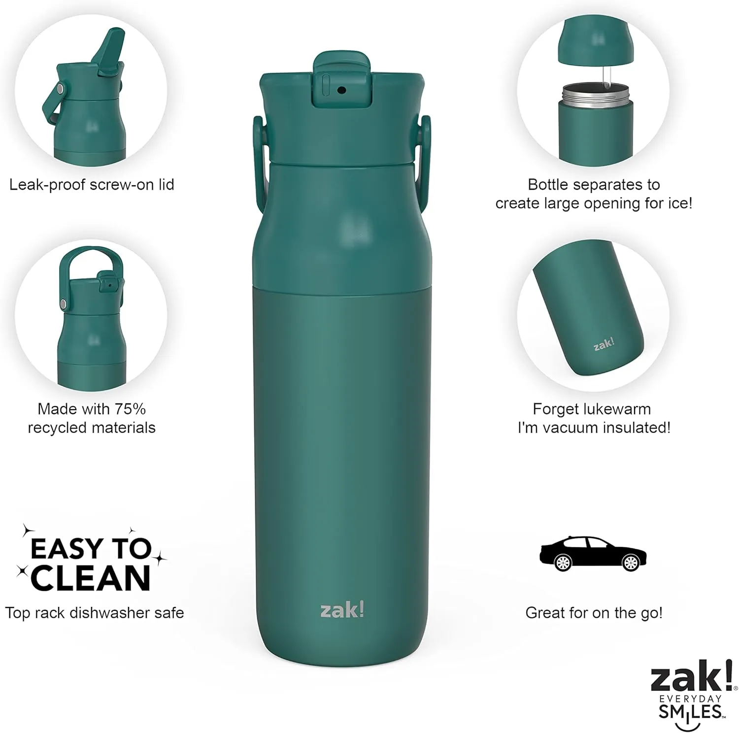Zak Designs Harmony Water Bottle for Travel or At Home, 32oz Recycled Stainless Steel is Leak-Proof When Closed and Vacuum Insulated with Straw Lid and Carry Handle (Emerald Green)
