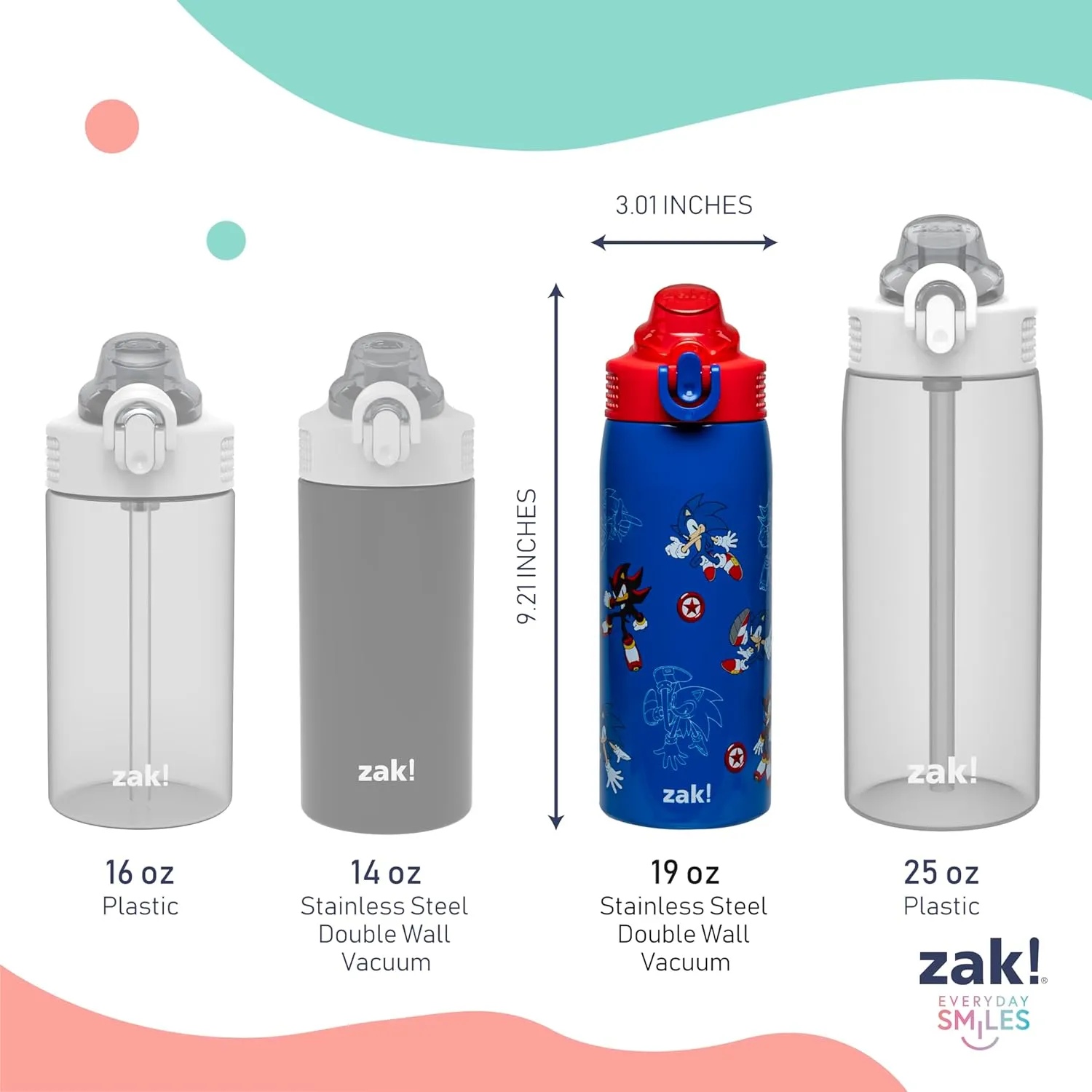 Zak Designs Sonic the Hedgehog Sage Kids Water Bottle For School or Travel, 19oz Stainless Steel Water Bottle With Straw, Handle, and Leak-Proof, Pop-Up Spout Cover (Sonic & Shadow)