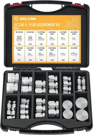 ZELCAN Hydraulic Hose Tube and Pipe Fitting Kit, 37 Degree JIC Cap and Plug Assortment Kit, Heavy Duty Seal Adapter Set w Precision Threading, Steel Flare Fitting Set, Dash Sizes 4 6 8 10 12 16