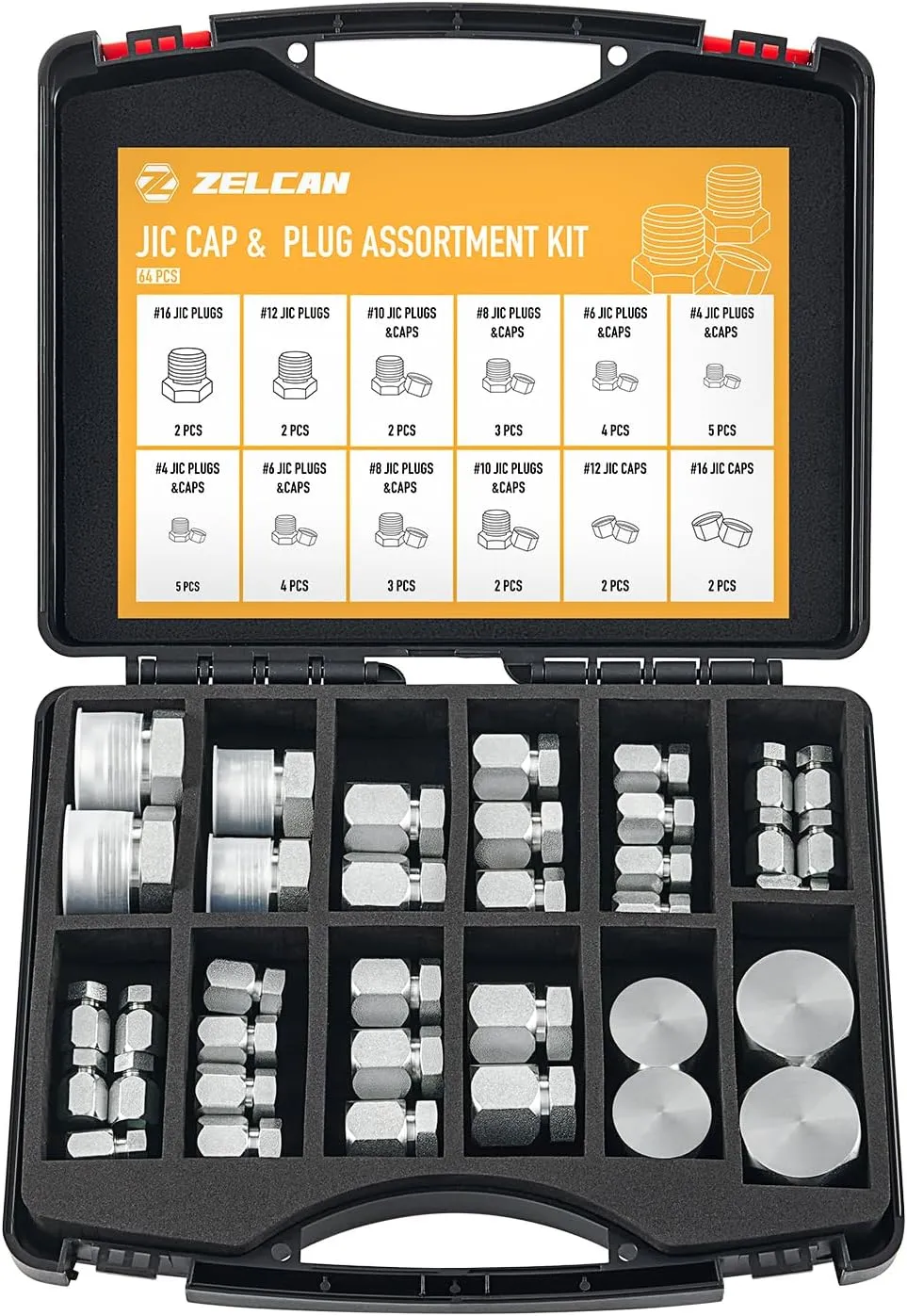 ZELCAN Hydraulic Hose Tube and Pipe Fitting Kit, 37 Degree JIC Cap and Plug Assortment Kit, Heavy Duty Seal Adapter Set w Precision Threading, Steel Flare Fitting Set, Dash Sizes 4 6 8 10 12 16