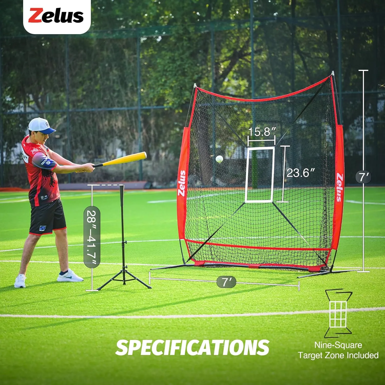 ZELUS 7x7 ft Baseball Hitting and Pitching Net with Batting Tee, 2 Strike Zone Large Ball Collection System, Portable Softball Net with Carry Bag for All Skill Levels
