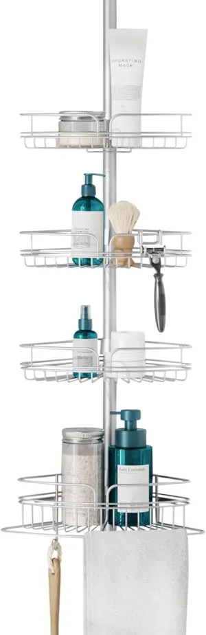 Zenna Home Tension Pole Shower Caddy, Adjustable Corner Shower Storage System with 4 Baskets and Built in Towel Bar, Bathroom Organization Solution, 60 to 97 Inch, Chrome