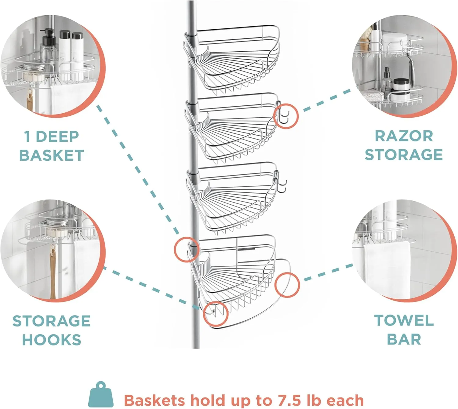 Zenna Home Tension Pole Shower Caddy, Adjustable Corner Shower Storage System with 4 Baskets and Built in Towel Bar, Bathroom Organization Solution, 60 to 97 Inch, Chrome