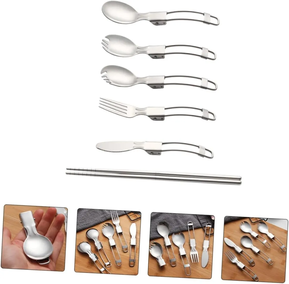 Zerodeko 2 Sets Outdoor Cutlery Set Portable Stainless Steel Folding Forks Reusable Camping Silverware Perfect for Hiking Riding Picnic