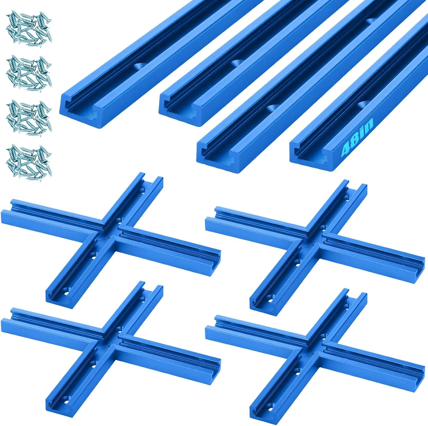 Zonon 4 Set 48'' T Track for Woodworking and T Track Intersection Kit with Predrilled Mounting Holes Wood Screw Double Cut Profile Universal T Track Accessory Aluminum T Rail Track Woodworking Tool