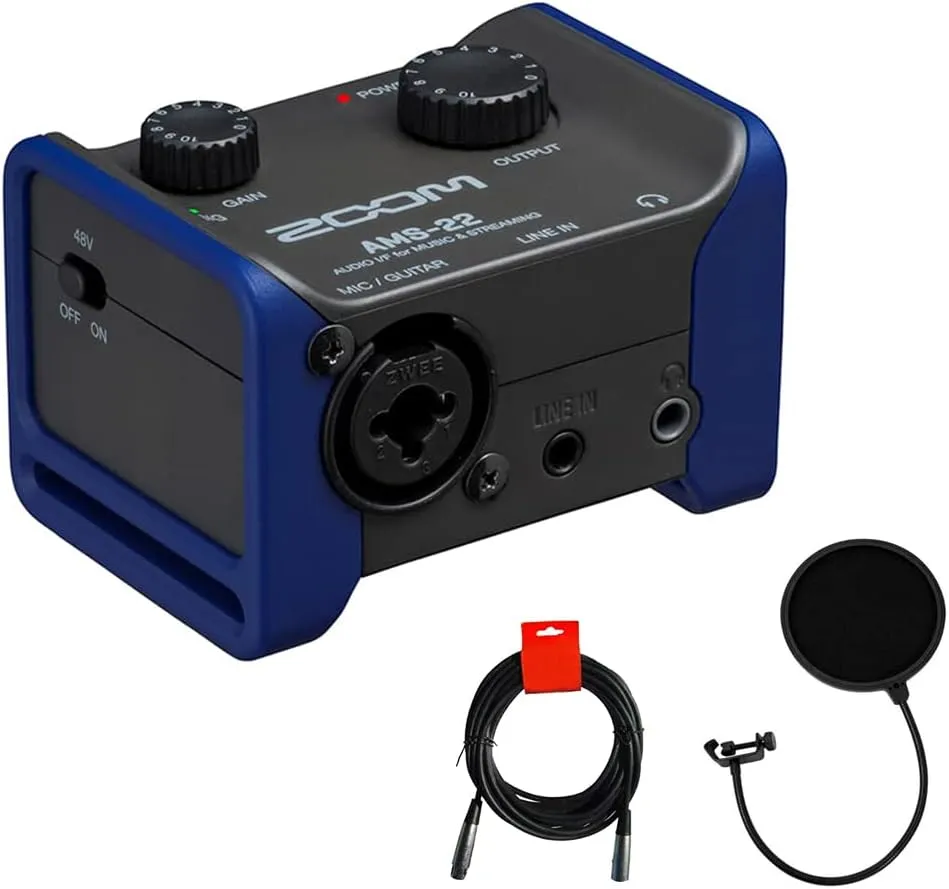 Zoom AMS-22 2x2 USB Audio Interface Bundle with Kellopy Pop Filter and 20' XLR-XLR Cable