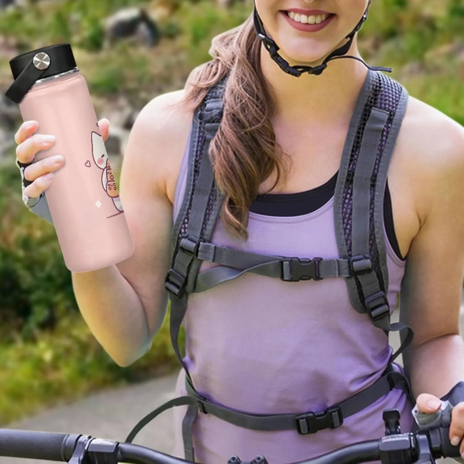 ZOUTAIRONG Cat Insulated Water Bottle with Handle 18 oz Vacuum Water Bottle for Hot & Cold Drinks, Wide Mouth, Great for Travel, Hiking & Camping Jug Stainless Steel Bottle Kitten Pink