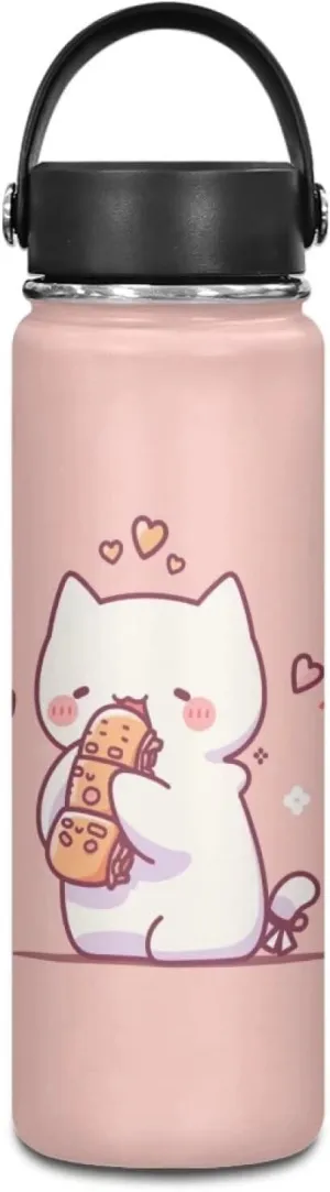 ZOUTAIRONG Cat Insulated Water Bottle with Handle 18 oz Vacuum Water Bottle for Hot & Cold Drinks, Wide Mouth, Great for Travel, Hiking & Camping Jug Stainless Steel Bottle Kitten Pink