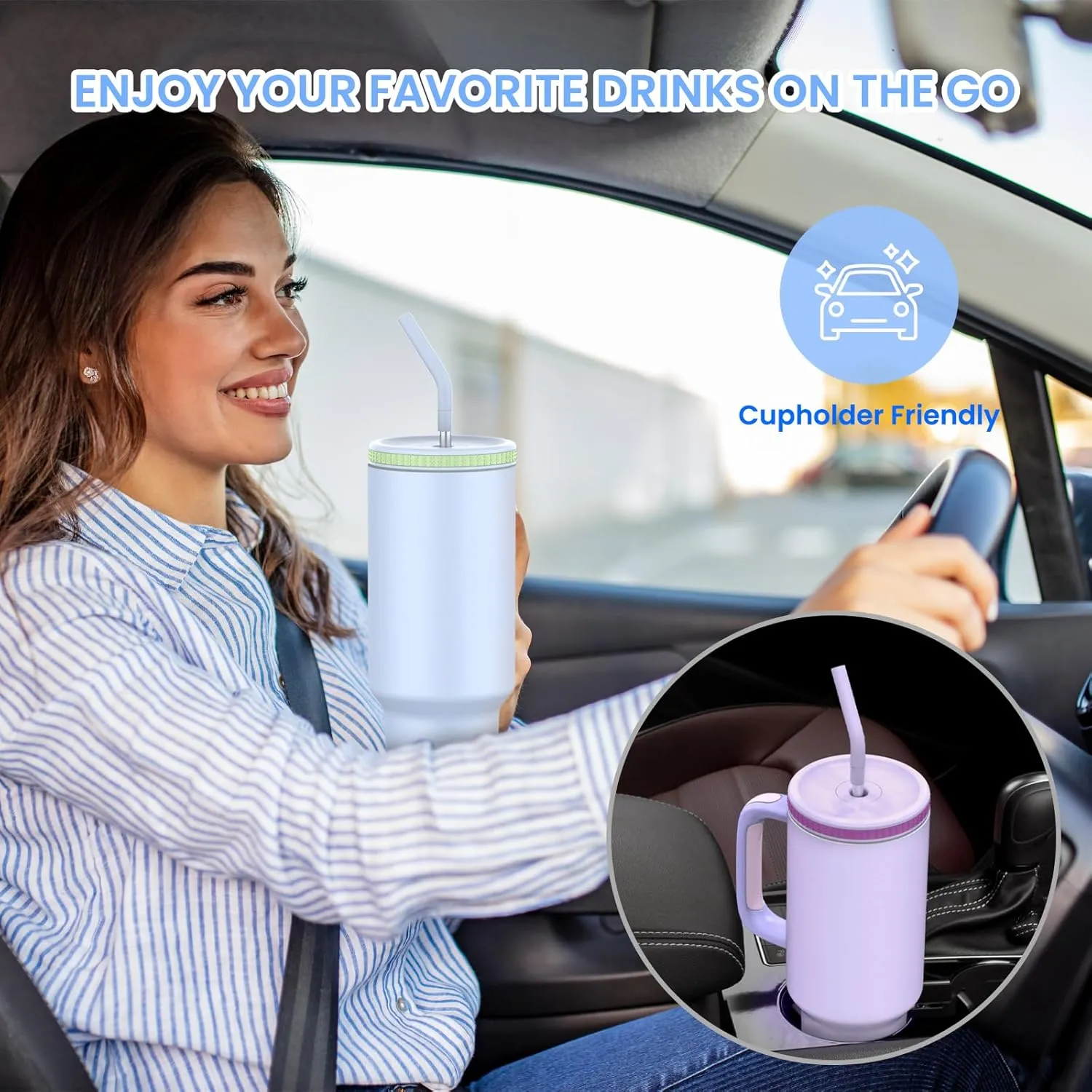 Zukro 40 oz Tumbler with Handle and Straw, Insulated Double-wall Stainless Steel Cup with Straw Lid, Large No Sweat Travel Mug Fits in Cup Holder, Keeps Cold 34 Hours, Flower