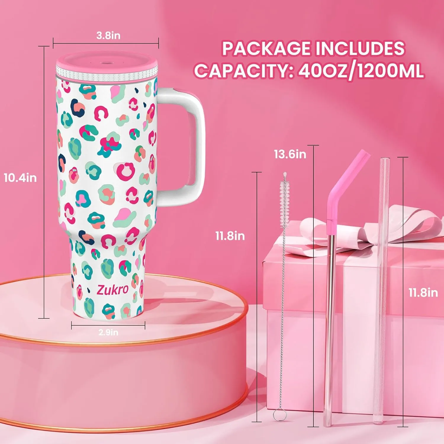 Zukro 40 oz Tumbler with Handle and Straw, Insulated Double-wall Stainless Steel Cup with Straw Lid, Large No Sweat Travel Mug Fits in Cup Holder, Keeps Cold 34 Hours, Flower