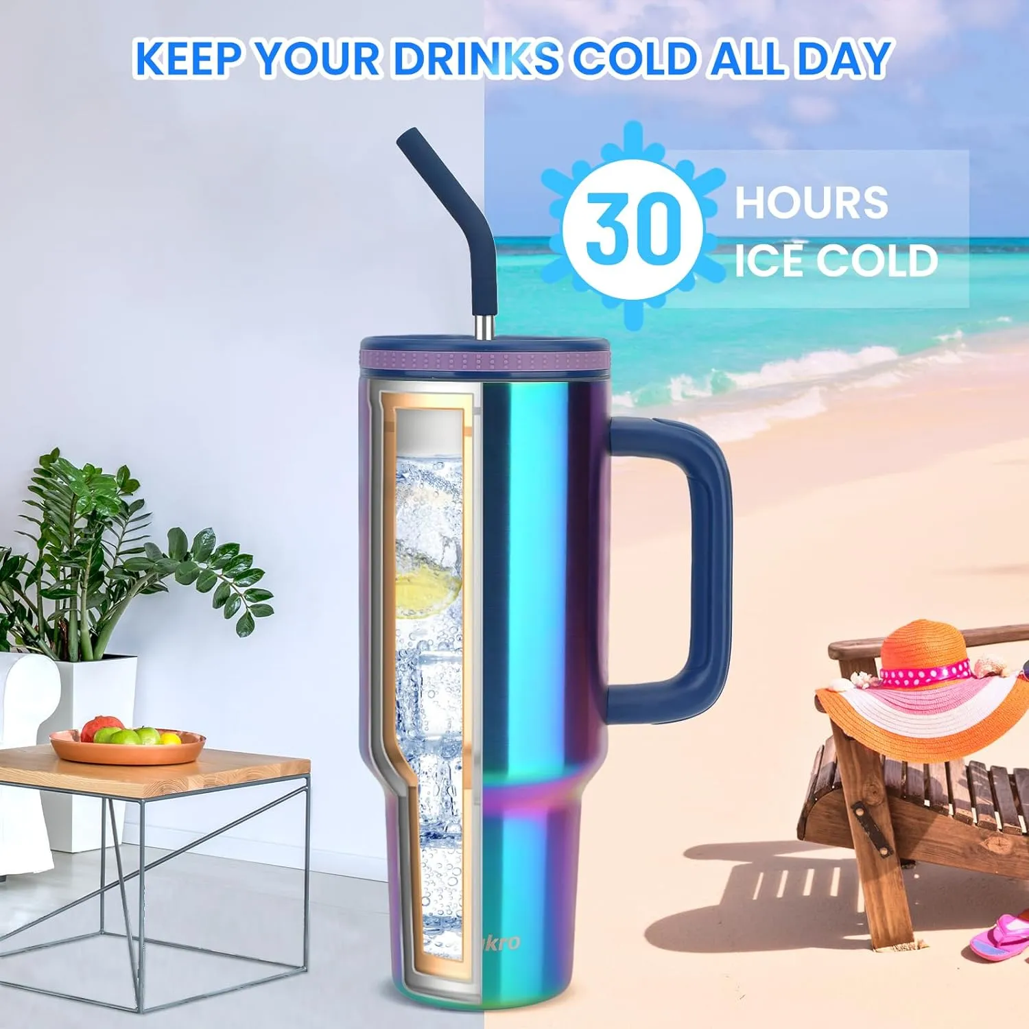 Zukro 40 oz Tumbler with Handle and Straw, Insulated Double-wall Stainless Steel Cup with Straw Lid, Large No Sweat Travel Mug Fits in Cup Holder, Keeps Cold 34 Hours, Flower