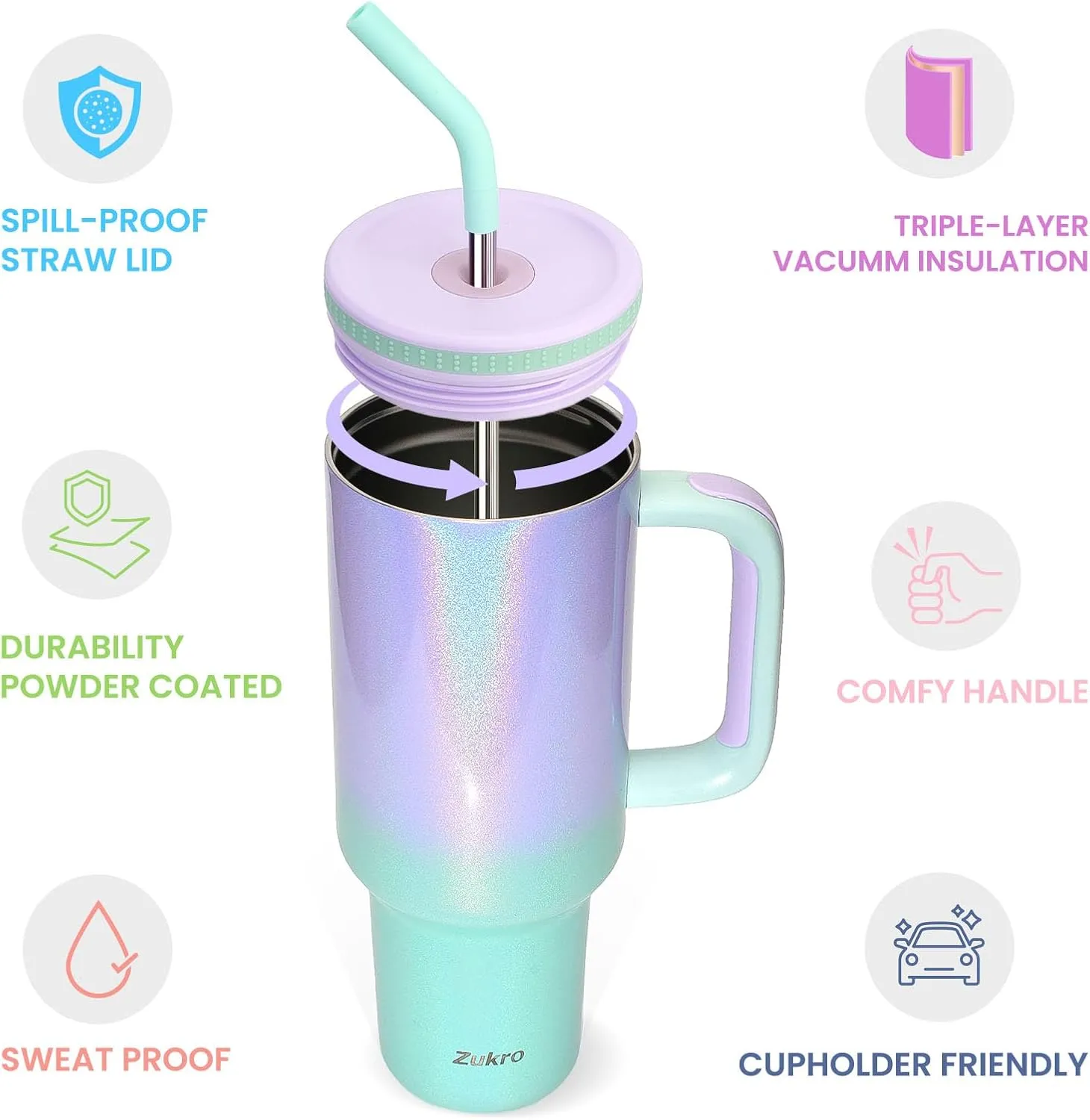 Zukro 40 oz Tumbler with Handle and Straw, Insulated Double-wall Stainless Steel Cup with Straw Lid, Large No Sweat Travel Mug Fits in Cup Holder, Keeps Cold 34 Hours, Flower
