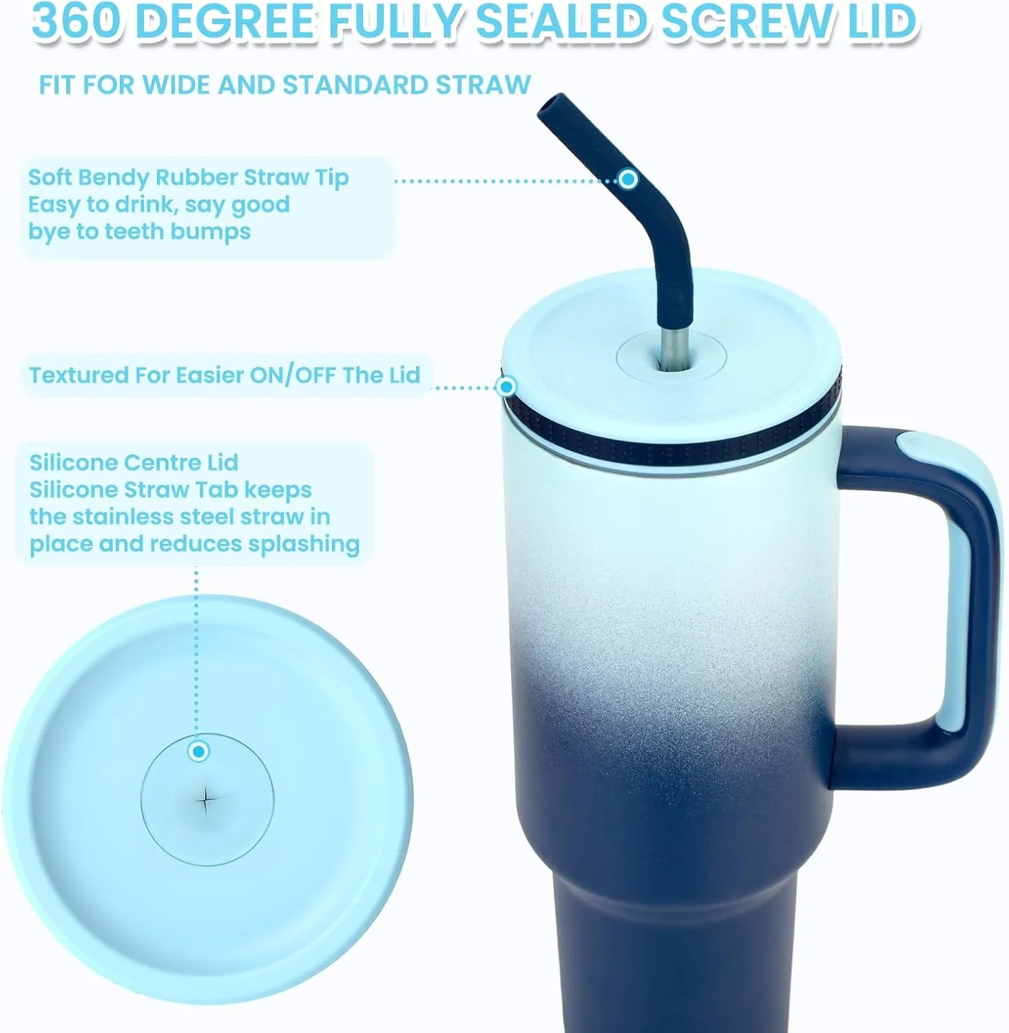 Zukro 40 oz Tumbler with Handle and Straw, Insulated Double-wall Stainless Steel Cup with Straw Lid, Large No Sweat Travel Mug Fits in Cup Holder, Keeps Cold 34 Hours, Flower