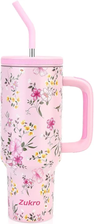 Zukro 40 oz Tumbler with Handle and Straw, Insulated Double-wall Stainless Steel Cup with Straw Lid, Large No Sweat Travel Mug Fits in Cup Holder, Keeps Cold 34 Hours, Flower
