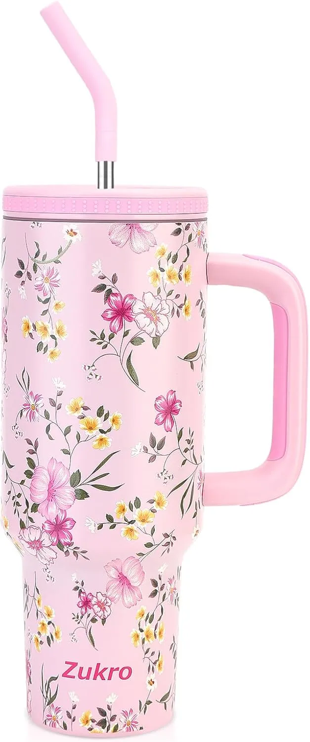 Zukro 40 oz Tumbler with Handle and Straw, Insulated Double-wall Stainless Steel Cup with Straw Lid, Large No Sweat Travel Mug Fits in Cup Holder, Keeps Cold 34 Hours, Flower
